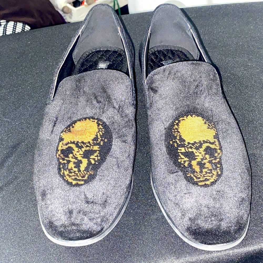 INC International‎ ConceptsNOVA SIZE 12  Black VELVET LOAFERS GOLD SEQUIN Skull